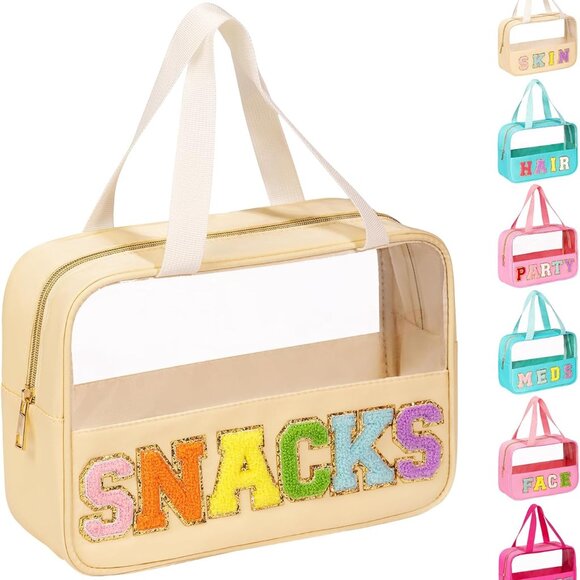 Handbags - Chenille Letter Patch Clear Makeup Bag, Preppy PVC&Nylon Makeup Bag with Handle
